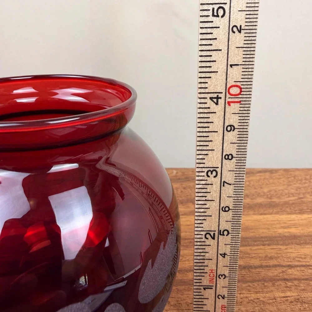 Anchor Hocking Ruby Red Glass Rose Bowl Etched Frosted Floral Vintage Vase 4.5in
